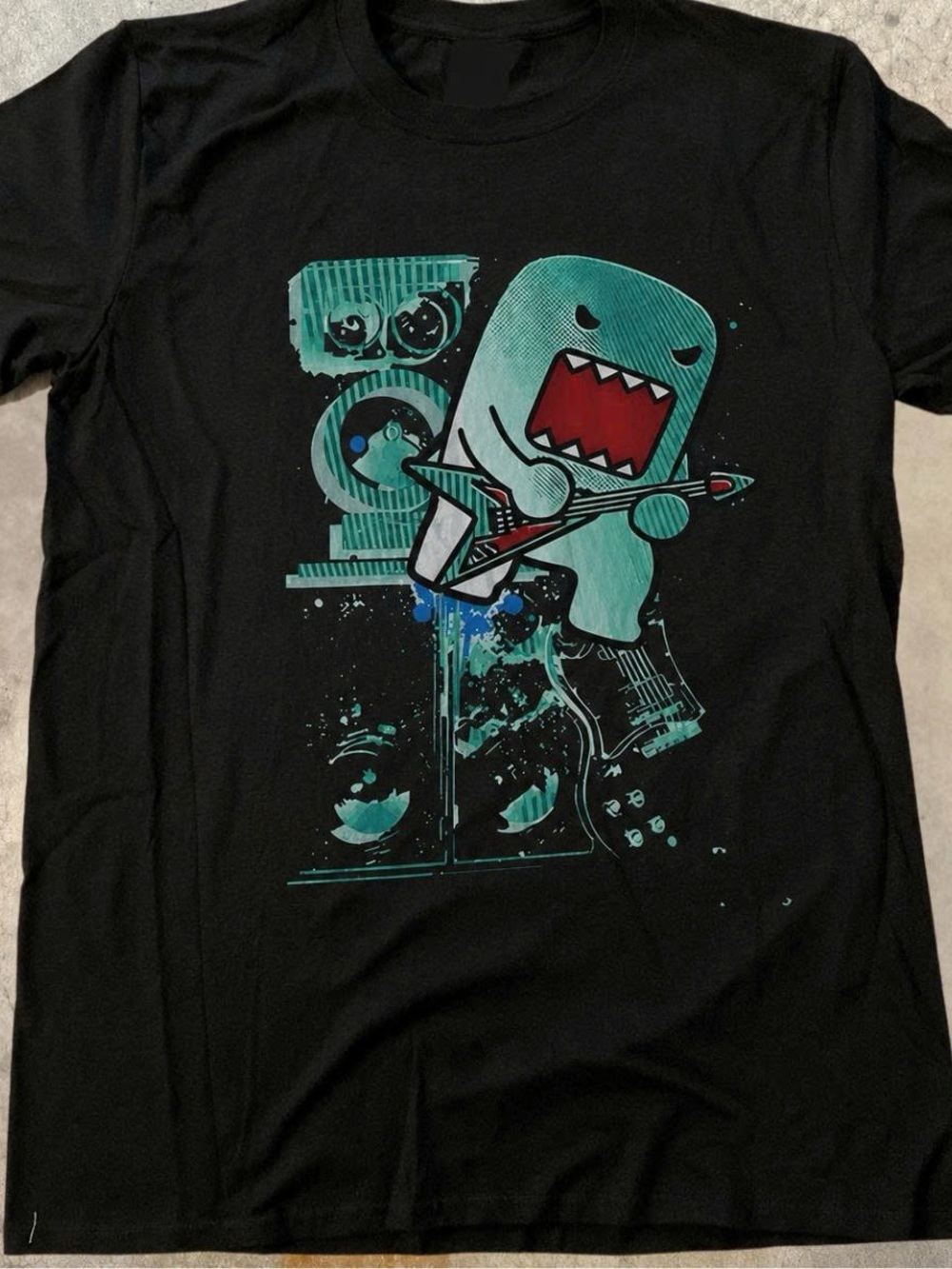 Black Tee with Aqua Cartoon Monster Guitar Graphic